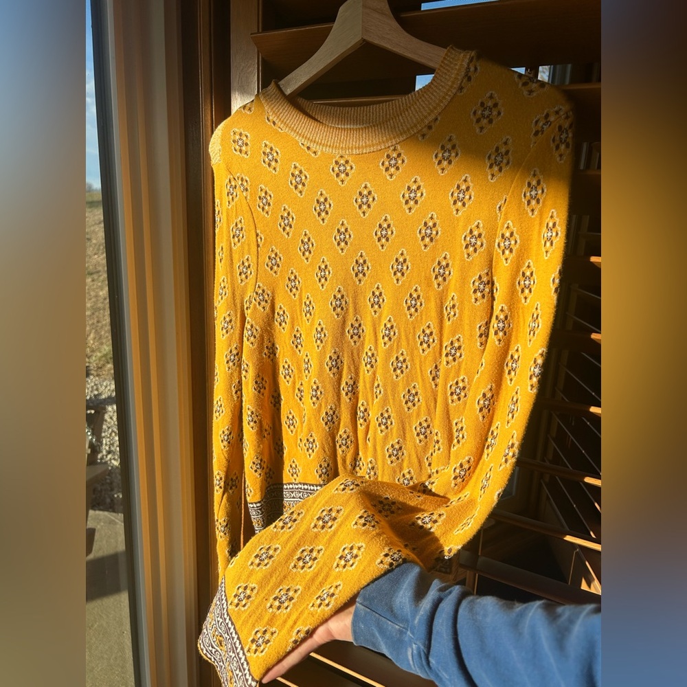 Free People Mustard Patterned Crew Neck Sweater